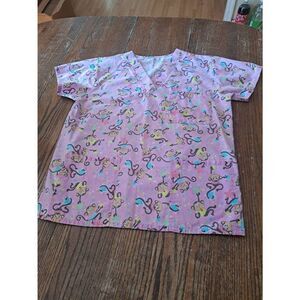 Medium Monkey and Stars Short Sleeve VNeck Scrub Top Shirt with Pocket